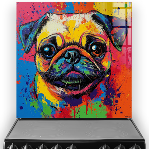 Colourful graffiti pug splashback with vibrant paint splashes.