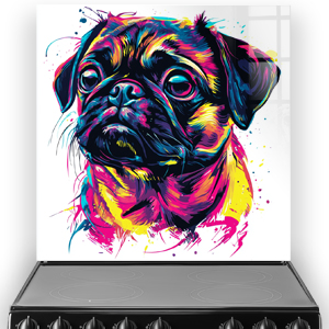 Colourful graffiti pug splashback art with vivid pink, yellow, blue, and black.