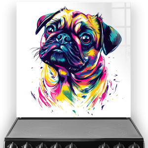 Colourful graffiti pug splashback design with vibrant yellow, blue, pink, and orange shades.