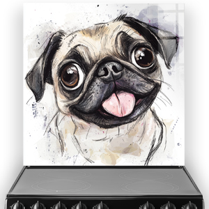 Humorous pug splashback with playful design featuring beige, tan, and black colours.