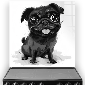 Crazy Pugs splashback featuring Black Cheeky Pug with expressive eyes in black and white tones.
