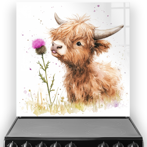 Highland Cow with thistle splashback art in earthy browns, greens, and vibrant purple.