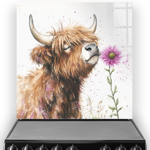 Highland cow with purple thistle splashback art