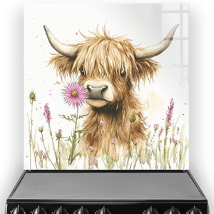 Highland Cow with flowers splashback art in pink, purple, and cream tones.