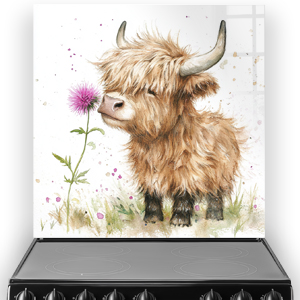 Highland cow with purple thistle splashback art