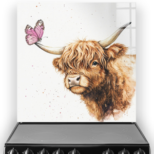 Highland cow with pink butterfly splashback art