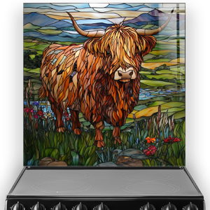 Highland Cow Flowers splashback with vibrant floral and landscape design.