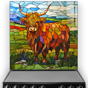 Highland cow stained glass design in vibrant colours splashback