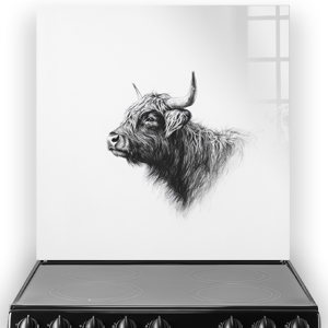 Highland cow black and white sketch splashback with grey and white background.