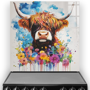 Highland Cow with colourful wildflowers splashback art