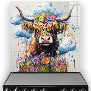 Highland Cow Flowers splashback art with vibrant colours and flowers against a cloud backdrop.