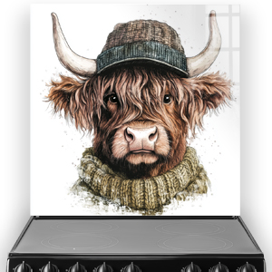Highland Cow with brown sweater and grey hat splashback art
