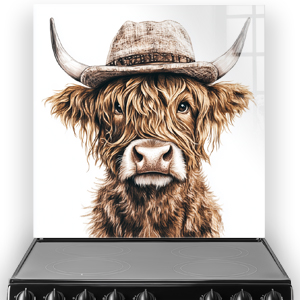 Highland Cow splashback with a cow wearing a hat.