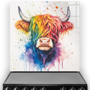Colourful Spectrum Coo Highland Cows splashback art with vibrant orange, red, pink, blue, and purple design.