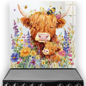 Highland cows with flowers and bees in vibrant colours
