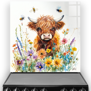 Highland Cows splashback art with "Bee My Coo" design, featuring a cow, wildflowers, and bees in vibrant colours.