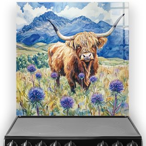 Highland Cow splashback art with purple thistles and mountains