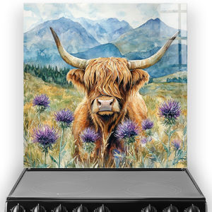 Highland Cow with purple thistles and mountains