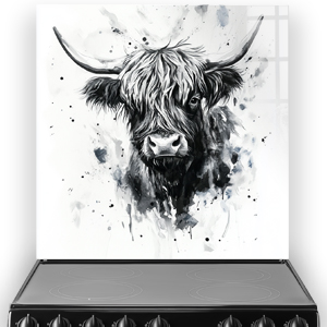 Monochrome Highland Cow splashback art featuring "The Shadow Coo"