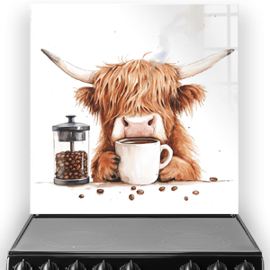 Highland Cow with coffee cup and French press