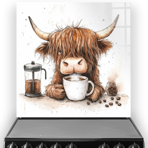 Highland Cow Moocha Latte kitchen splashback with coffee theme