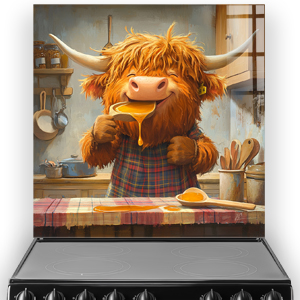 Highland Cow with honey in kitchen splashback art