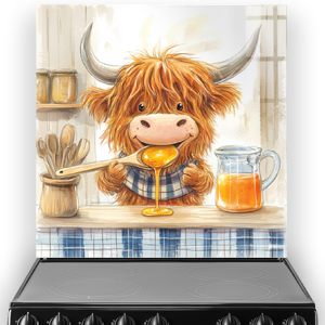 Highland Cow enjoying nectar splashback art with warm and cool colour tones.