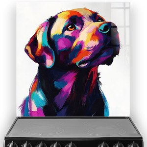 Colourful Labrador Retriever splashback art with vibrant colours.