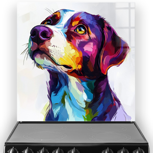 Colourful Labrador Retriever splashback art in vibrant blues, oranges, purples, and yellows.