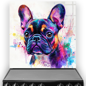 Colourful abstract French Bulldog splashback art with vibrant purples, blues, yellows, and pinks.