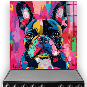 Colourful French Bulldog splashback with graffiti art and vibrant pink, blue, and green shades.
