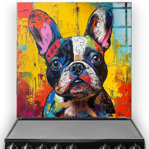 French Bulldog splashback with grunge graffiti art in yellow, red, black, and blue.