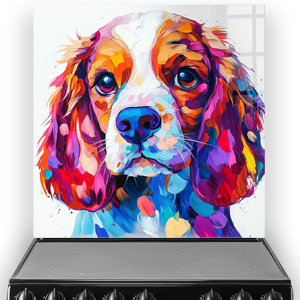 Colourful cocker spaniel splashback art with vibrant reds, oranges, blues, purples, and pinks.