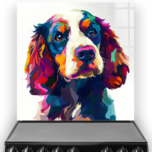 Colourful cocker spaniel artwork on a kitchen splashback.