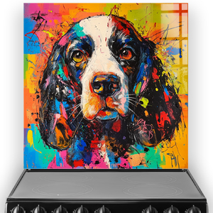 Colourful graffiti-style cocker spaniel splashback artwork in bold reds, blues, oranges, and greens.