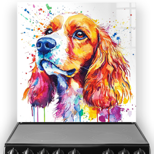 Vibrant cocker spaniel splashback art in colourful shades of orange, blue, red, yellow, and purple.