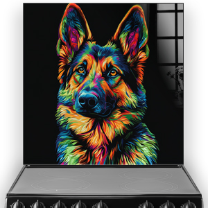 Neon German Shepherd splashback art with vibrant colours