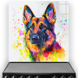 Vivid German Shepard splashback art with colourful splatters