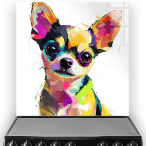 Colourful Cute Chihuahua splashback art with vibrant pink, yellow, blue, and black.