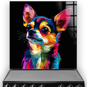 Colourful neon Chihuahua splashback art on a black background.