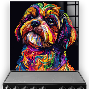 Colourful Shih-Tzu splashback art on kitchen wall