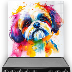 Colourful Shih-Tzu splashback art with vibrant reds, blues, yellows, and greens.