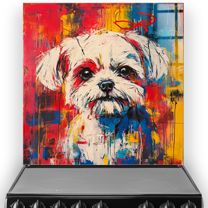 Graffiti style Shih-Tzu splashback with vibrant red, blue, and yellow colours.