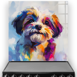 Colourful Shih-Tzu splashback art in blues, oranges, purples, and whites.
