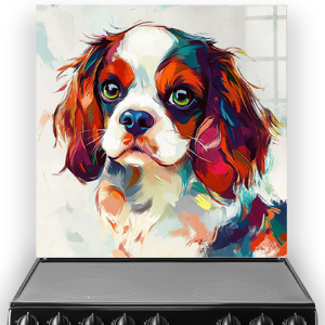 Colourful Cavalier King Charles Spaniel splashback art with red, blue, and orange hues.