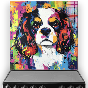 Graffiti style Cavalier King Charles Spaniel splashback with vibrant colours.