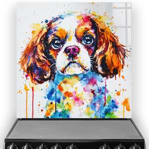 Colourful Cavalier King Charles Spaniel splashback art with vibrant colours.
