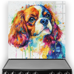 Colourful Cavalier King Charles Spaniel splashback art with vibrant orange, blue, green, and pink tones.