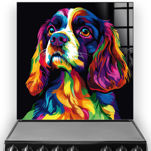 Colourful Cavalier King Charles Spaniel splashback with vibrant neon design.