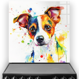 Colourful Jack Russell Terrier splashback art with vibrant splashes of red, orange, yellow, blue, and green.